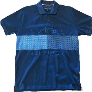 Tommy Hilfiger Polo Shirt Mens XL Blue Embroidered Spell Out Shirt Sleeve Golf